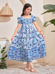 SHEIN Tween Girls Blue & White Porcelain Floral Print Gigot Sleeve Loose Fit A-Line Dress, Adorable Vacation Dress, Suitable For Spring Outing & Holiday