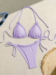 Swim Mod Women's Summer Beach Vacation Striped Nautical Style Patchwork Frill Trim Tie Side Bikini Set - Mauve Purple - View 7