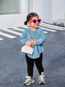 SHEIN 女婴可爱字母印花不对称针织上衣配松紧腰裤套装，秋冬