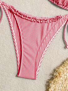 Swim Mod Women's Striped Nautical Style Splice Frill Trim Halter Tie Side Bikini Set, For Summer Beach Vacation - Red and White - View 7