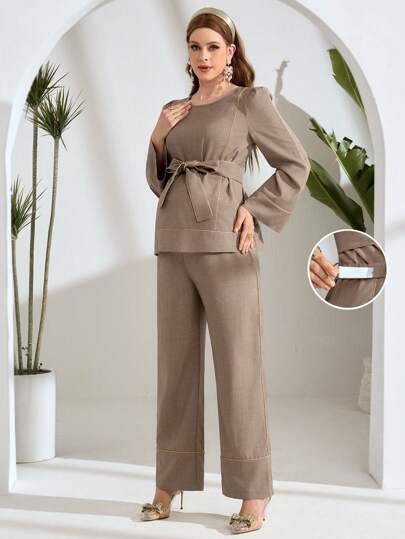 SHEIN 2 件套孕妇纯色长袖上衣和裤子套装，修身，休闲，日常穿着