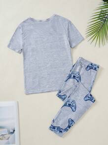 2pcs/Set Tween Boy Grey Game Console Print Tight Fitting Short Sleeve Top And Long Pants Pajama Set - Grey - View 2