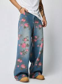 ROMWE MEN Street Life Quần Jeans Ống Rộng Túi Họa Tiết Hoa Thường Ngày Cho Nam - Màu xanh lam - Xem 1