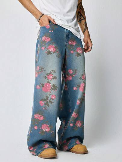 Street Life Herren Weite Jeans mit Blume Muster und Tasche