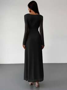 Aloruh 紧身低胸垂坠领长袖网眼杏色连衣裙，适合约会和场合的浪漫装扮