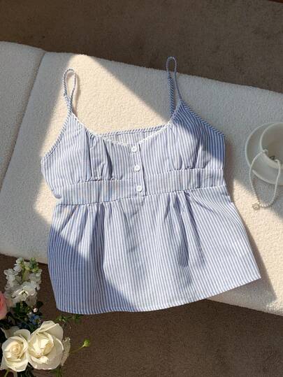 Comfortcana Women's Summer Striped Button Half-Placket Casual Camisole