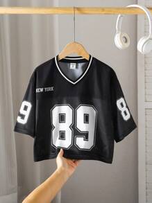 SHEIN Sparklyn Tween 女童街头时尚运动队球衣号码拼接 V 领短款宽松短袖 T 恤，适合假日、夏季、旅行 - 白色 - 查看 4