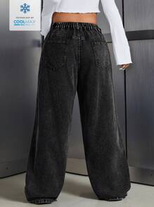 SHEIN ICON Coolmax 大码女式口袋宽腿宽松休闲牛仔裤 - 黑色 - 查看 2