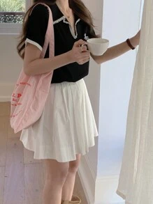 DAZY Women's V-Neck Lace Patchwork Color Blocking Casual Short Sleeve T-Shirt - Black - View 4