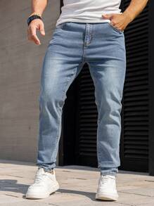 Manfinity Homme Men's Casual Washed Simple Tapered Leg Jeans - Light Wash - View 3
