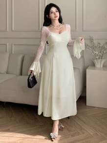 DAZY Spring Elegant Lace Patchwork Pleated Ruffle Sleeve Mid-Length Dress For Women Prom Dress,Fall Dress Long Sleeve Dress - Beige - View 6