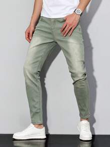 Manfinity Homme Plus Size Men's Casual Distressed Tapered Fit Jeans - Army Green - View 3