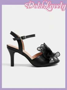 Dola Lovely 女士时尚洛丽塔蝴蝶结珍珠系带丝绸缎婚礼派对白色粗跟凉鞋 - 黑色 - 查看 7