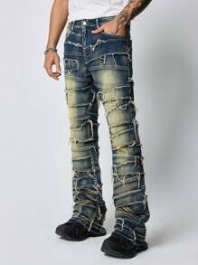 ROMWE MEN Grunge Punk Men's Grunge Button Front Pocket Frayed Edge Patchwork Casual Jeans