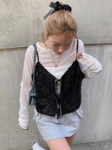 FRIFUL 女士圣诞亮片系带新年闪光上衣 - 黑色 - 查看 2