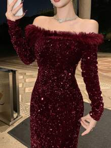 DAZY New Arrival Spring/Summer Off Shoulder Long Dress, Suitable For Date Night Prom Dress Party Women Homecoming Dresses Luxury Red Women Dresses,New Year,Christmas Sequin Elegant Women Dresses Carnival