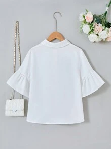 Blusa de botones con mangas abullonadas, cuello y estampado de niña de estilo Y2K casual para niñas preadolescentes - Blanco - Ver 2
