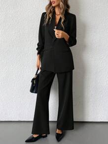 SHEIN BIZwear Solid Color Elegant OL Office Workwear Side Tie Design Flare Pants Suit  - Black - View 1