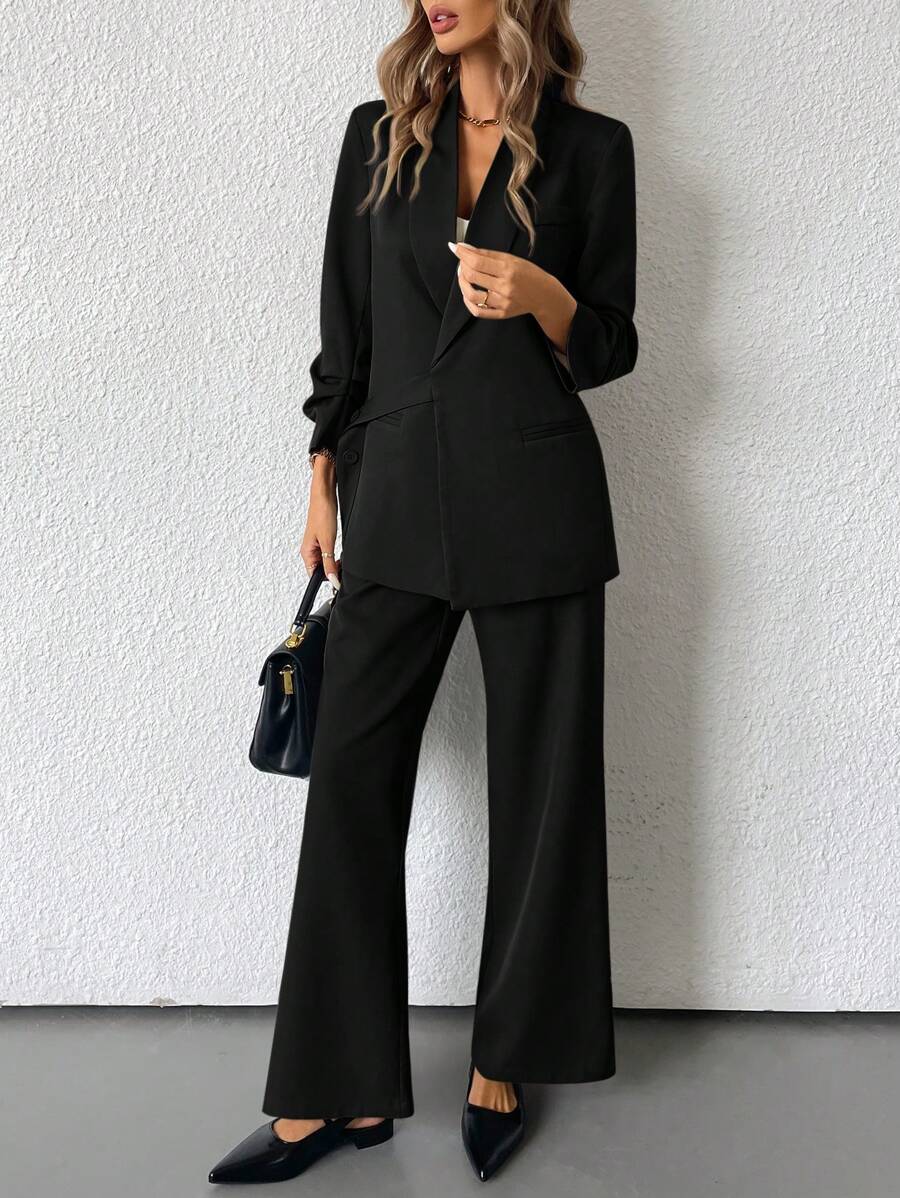 SHEIN BIZwear Solid Color Elegant OL Office Workwear Side Tie Design Flare Pants Suit  - Black - View 1