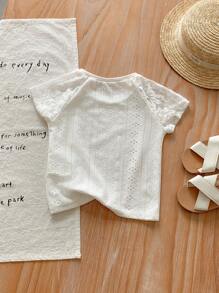 Girls' Solid Color Knit T-Shirt With Lace Net Mesh Insert And Raglan Sleeve