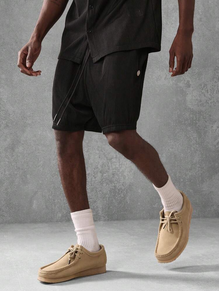 Plisse Textured Drop Crotch Drawstring Shorts