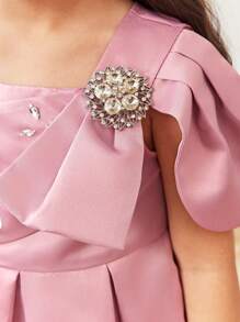 SHEIN Leap Crew Young Girl Elegant Exclusive Asymmetric Large Bow Satin Dress Gown - Pink - View 5