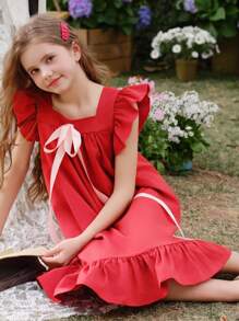 SHEIN Wildeya Tween-Mädchen Lässiges, elegantes, süßes A-Linien-Kleid mit Flügelärmeln und Schleife, Kleid mit rundem Kragen, rot, geeignet für Frühling, Sommer, Herbst, Ausflüge, Schule