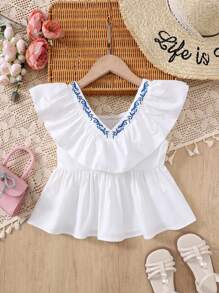 SHEIN Tween Girls' Casual V-Neck Embroidered Ruffle Trim Vacation Blouse - White - View 2