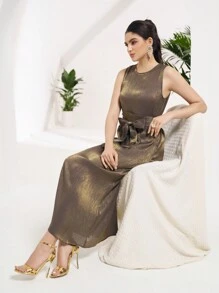 Al Najma Women Sleeveless Long Dress, Suitable For Commuting - Black and Gold - View 6