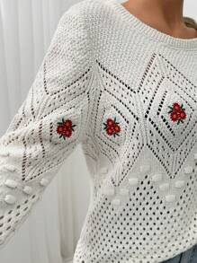 RueChic WOMEN Flower Embroidered Seasonless Diamond Patterned Bobble Knit Sweater - White - View 1