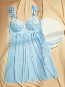 Charlaine ثوب نوم نسائي مثير (مع حمالة صدر + قطع دانتيل) - أزرق فاتح اللون - مشاهدة 1