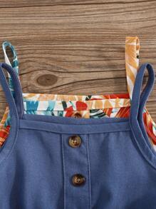 2 件装女婴牛仔效果无袖上衣，带叶子印花和荷叶边下摆，可爱休闲时尚，可搭配牛仔裤、裤子或裙子，夏季新品 - 彩色 - 查看 7