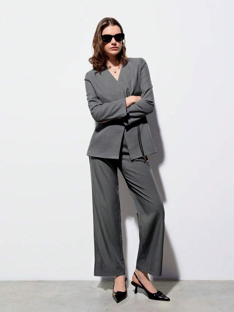 SHEIN Maija 2025 New Summer New Style Gray Woven Women's Trousers, Suit Pants, Urban, Modern And Elegant, Daily Casual Commuting, Suitable For Going Out For Vacation, Party, Wedding And Date Wear In Fall/Winter