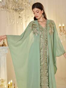 Layrah Custom Sequin Embroidered Splice Loose Luxury 2 Pieces Dress Set For Women, Modest Kaftan - Green - View 6