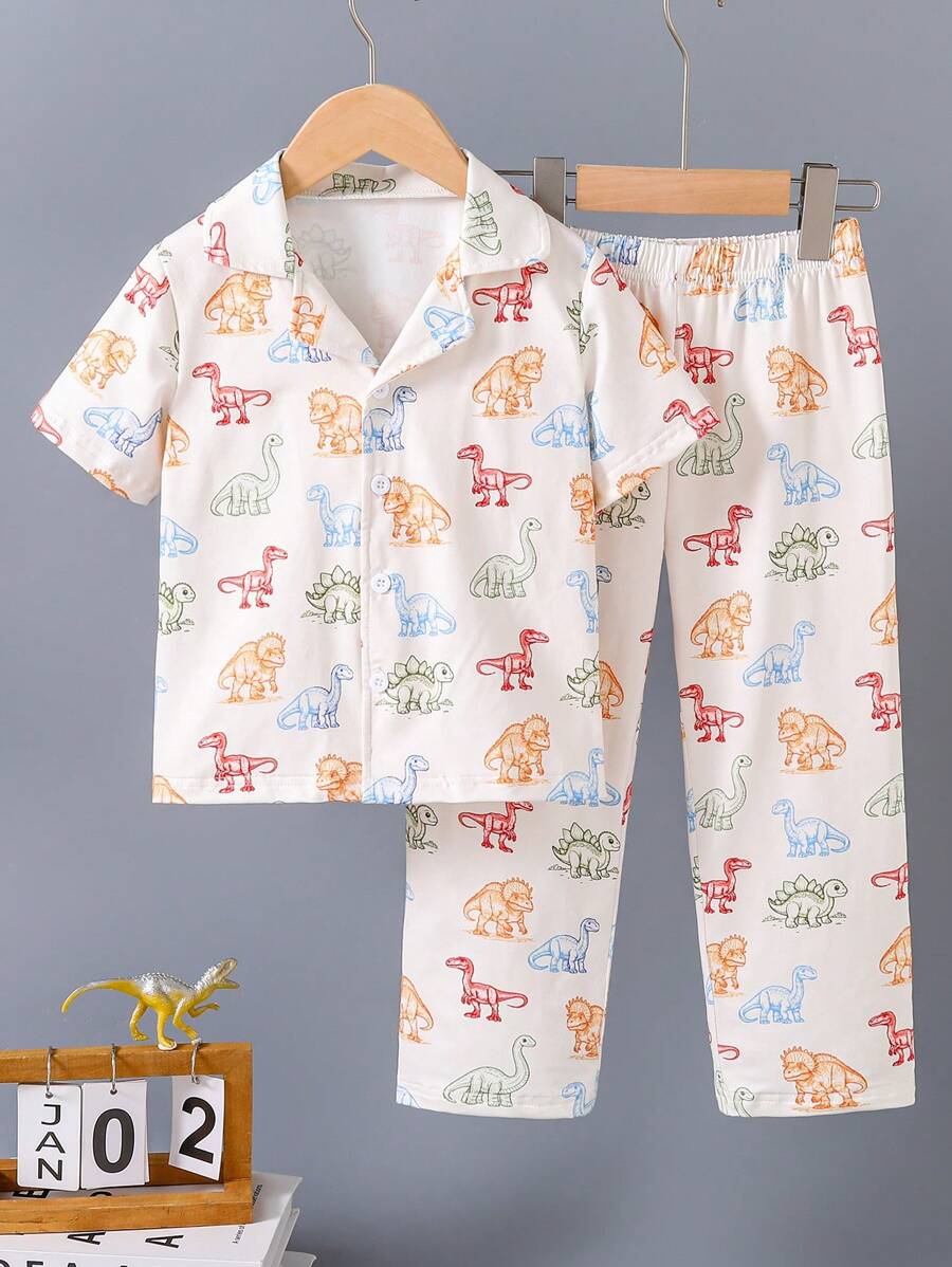 男童两件套阻燃恐龙图案休闲短袖衬衫和裤子睡衣套装 - 杏色 - 查看 1