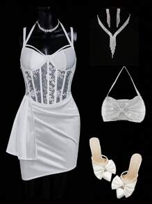 SHEIN ICON Sexy Satin & Lace Trim Mini Dress - White - View 1