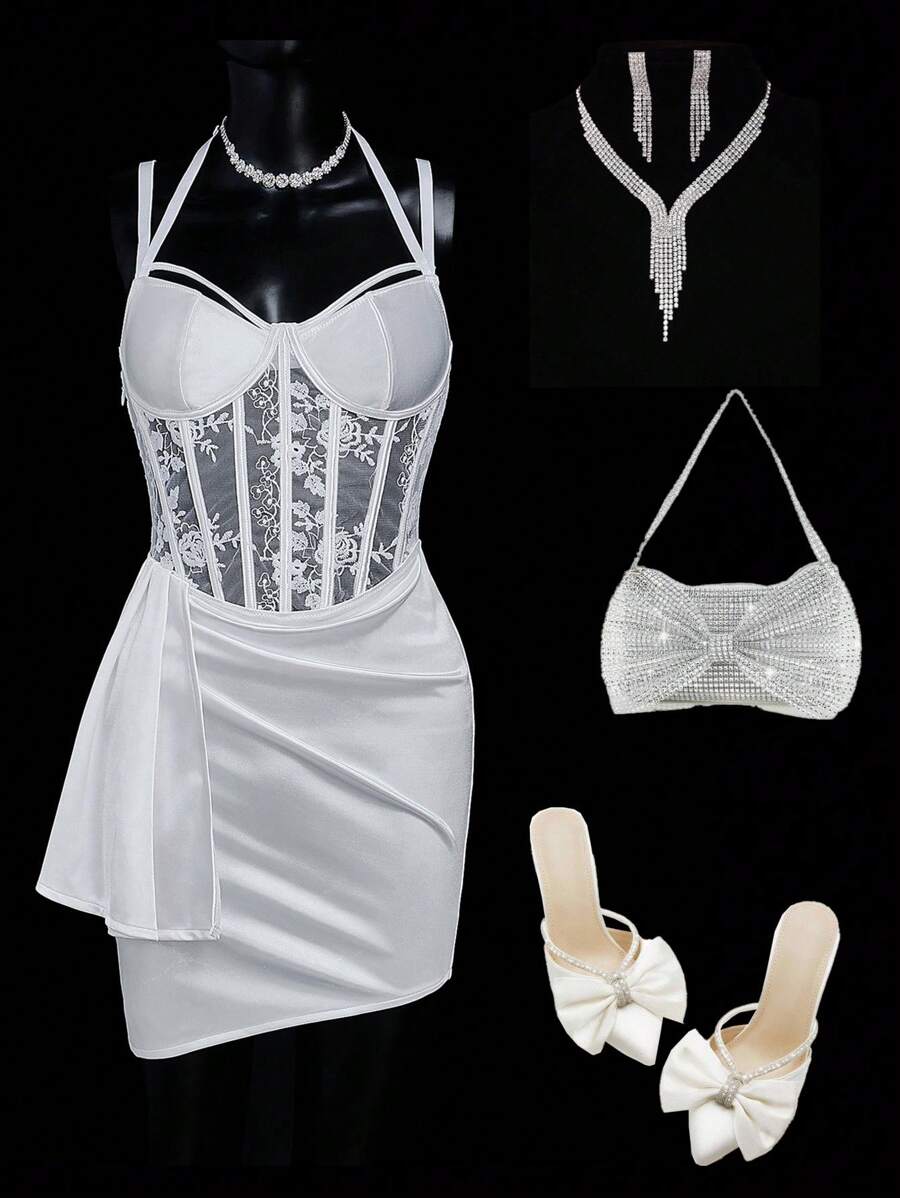 SHEIN ICON Sexy Satin & Lace Trim Mini Dress - White - View 1