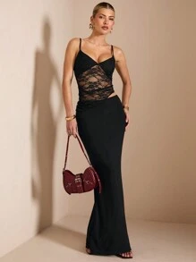 SHEIN BAE 夏季海滩度假纯黑色蕾丝性感透视吊带长裙，适合日常约会、夜间外出、夜总会、派对、聚会、鸡尾酒会、泳池派对、返校季服装、学校季节连衣裙、节日连衣裙女士连衣裙女士纯色性感无袖连衣裙、白色连衣裙、度假连衣裙、毕业典礼和返校连衣裙、婚礼伴娘礼服、春夏无袖纯黑色极简主义性感圆领修身、黑色连衣裙、约会夜连衣裙、伴娘迷你连衣裙、优雅小黑裙、春夏、网眼 - 黑色 - 查看 7