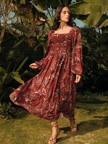 Anewsta Vestido largo elegante de flores de campana rojo ladrillo para mujer, para primavera/verano, vacaciones - Burdeos - Ver 6