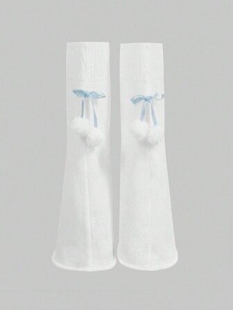 Kawaii 1pair Cute Fluffy Pompom Bow Leg Warmers, Solid Leg Sleeves With Ruffle Hem, Anime Style For Women