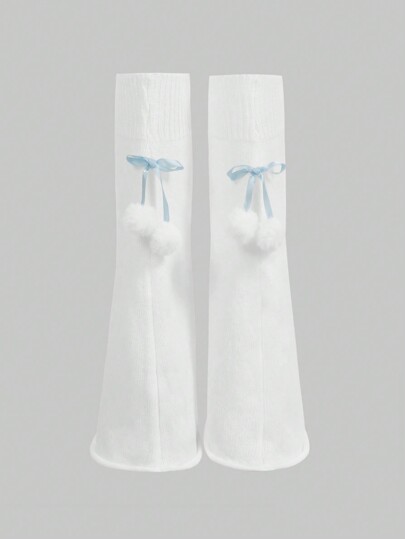 Kawaii 1 Paar süße, flauschige Pompon-Schleifen-Beinwärmer, einfarbige Beinmanschetten mit Rüschensaum, im Anime-Stil für Frauen