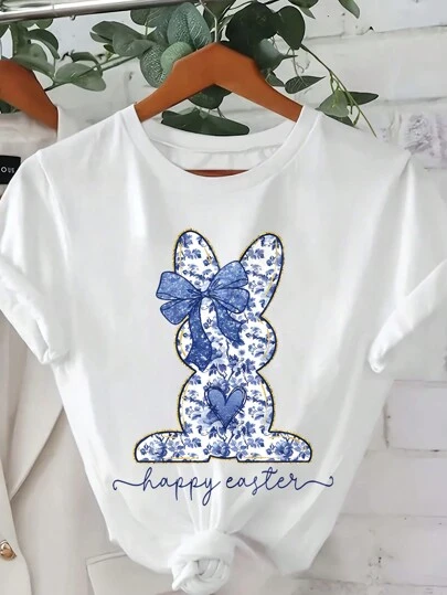 INAWLY Happy Easter Graphic Tee, Round Neck Short Sleeve Printed Casual Top For Women, Featuring Rabbit, Floral, And Bow Patterns