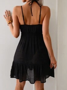 Swim Lushoire Summer Clothes Women Solid Color Sleeveless Simple Casual Short Elegant Babydoll Dress, Summer Beach Vacation - Black - View 2