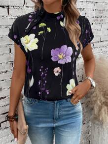 EMERY ROSE Vacation Casual Floral Print Stand Collar Shirt - Black - View 4