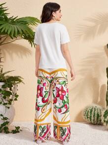 2pcs/Set Teen Girls Casual White Short Sleeve T-Shirt With Gold Retro Print + Loose Comfy Wide Leg Pants Suit - Multicolor - View 2