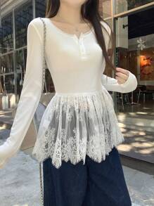 DAZY 女士圆领蕾丝拼接长袖纽扣前开襟简约休闲上衣，日常穿着，秋季女装 - 白色 - 查看 7