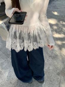 DAZY 女士圆领蕾丝拼接长袖纽扣前开襟简约休闲上衣，日常穿着，秋季女装 - 白色 - 查看 8