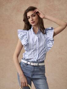 Écloséra 2024 New Summer European And American Style Women Short Sleeve Blouse, Striped Slim Fit Ruffle Trim 3/4 Sleeve Blouse