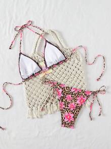 Swim Mod 女士豹纹花朵图案 3D 花卉泳衣套装，适合夏季海滩度假 - 彩色 - 查看 2