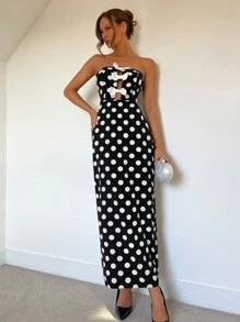 Chiquease Frauen Schwarz & Weiß Polka Punkt Trägerkleid mit Schlaufe, Ausschnitt und Schlitz, Frühling/Sommer - Schwarz - Übersicht 1